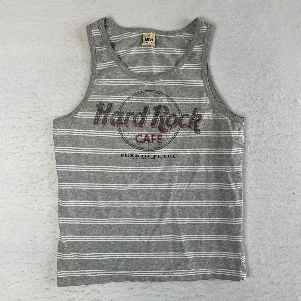 Hard Rock Cafe Tank Top Mens Large Gray Striped Puerto Plata Sleeveless
